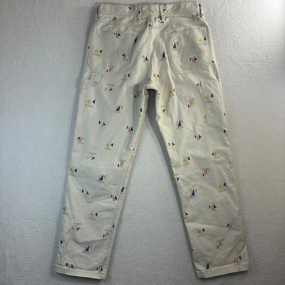 Wallace Barnes Carpenter Pants Men 33x32 Beige Sailboat AOP Double Knee J Crew - Picture 2 of 9